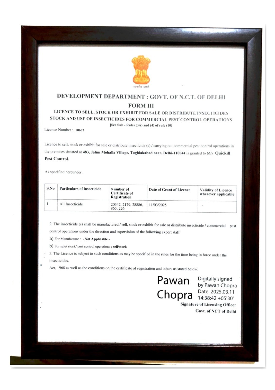 Insecticide Licence